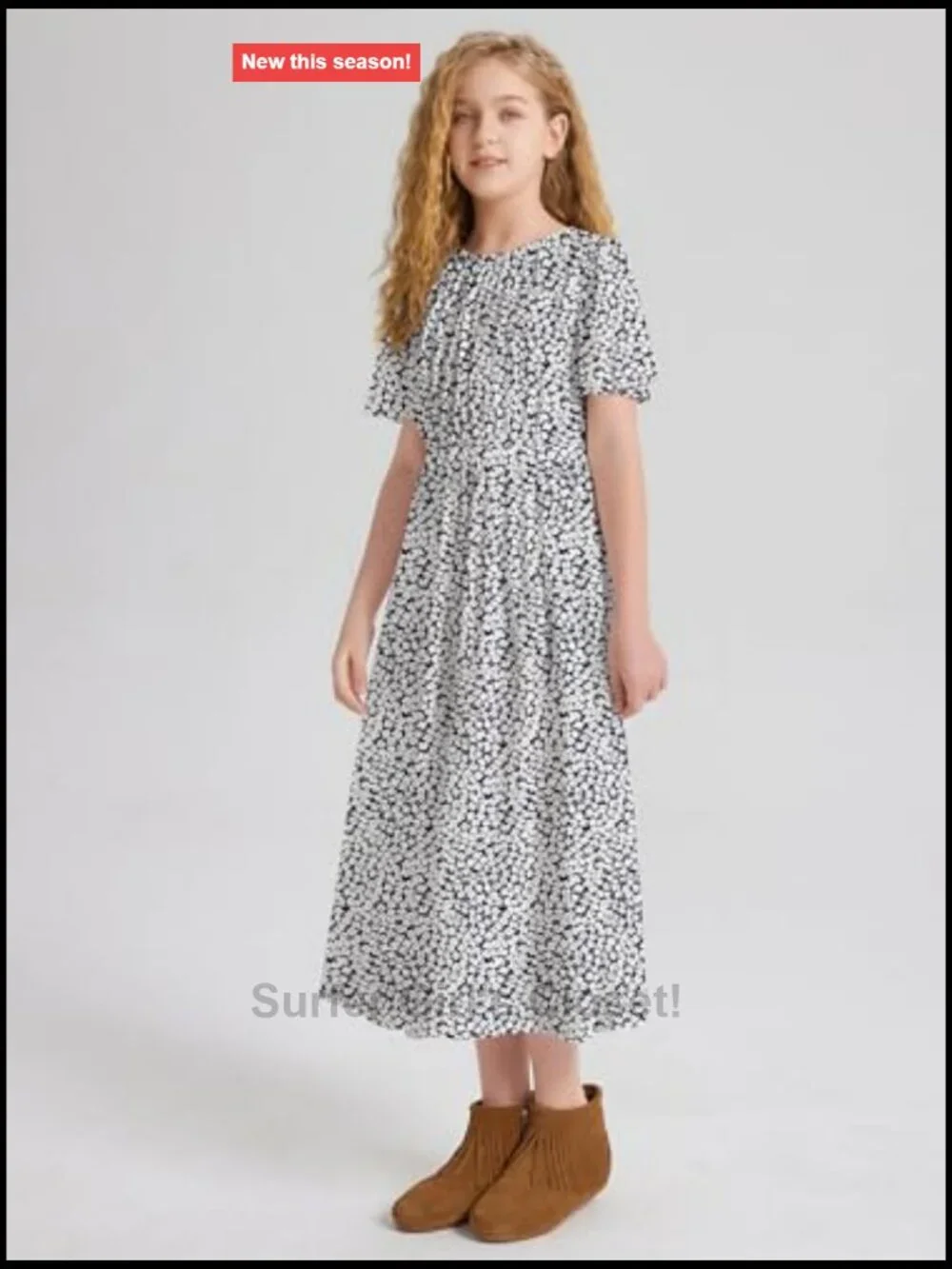 Girls Butterfly Sleeve Elastic Crew Neck Floral Print High Waist Midi Belted